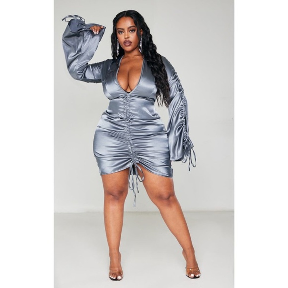 Prettylittlething Charcoal Satin Plunge Dress